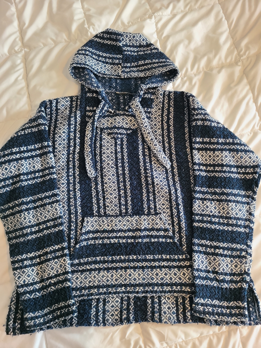 Men's Navy and White Hooded Baja Sweater